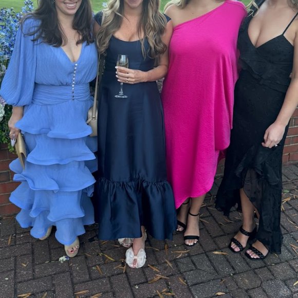 Alfred Sung Cap Sleeve Deep Ruffle Hem Satin Dress with Pockets - Navy - Size 2 - Picture 2 of 3